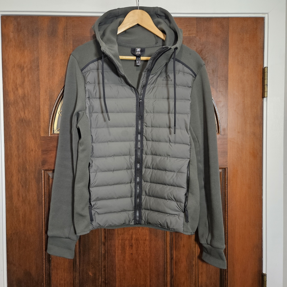 Adidas Hybrid Puffer Hoodie Jacket | Forest Olive Green | Men’s Small